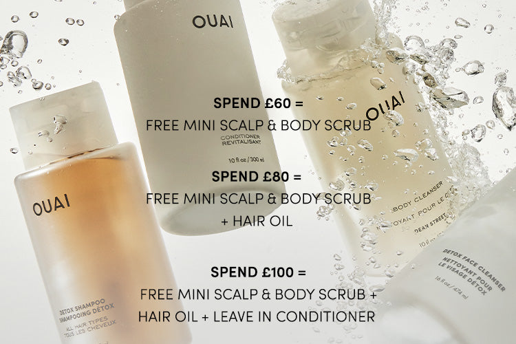 OUAI hair care products with promotional text on a white background