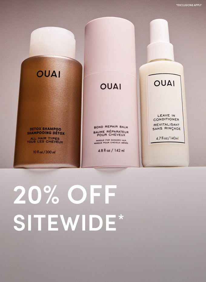 Three OUAI hair care products on a gray background with a 20% off sitewide offer.